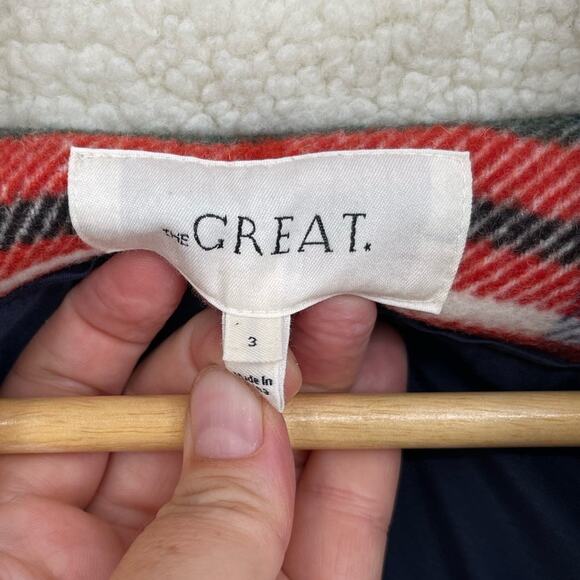 The Great. The Cabinmate Toggle Jacket Faux Shearling Greenwood Plaid size Large - Picture 11 of 13